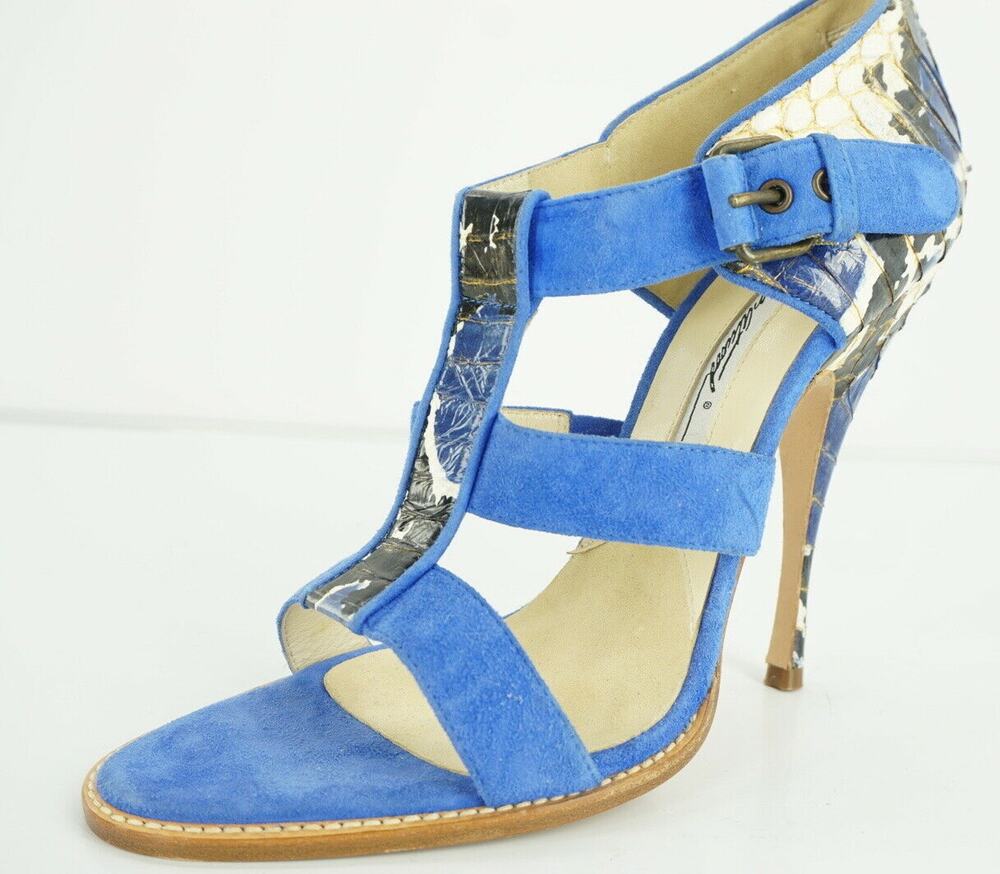 Brian Atwood Audra Blue Suede Snake High Heel Sandals Size 7.5 New $695